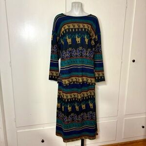 Vintage 80s Melrose Knits Boho Aztec Striped Two Piece Knit Sweater Skirt Set